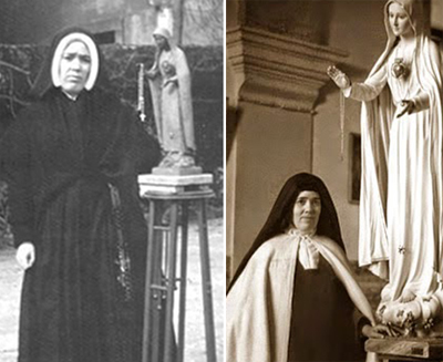 Two photos of sister lucy standing next to a statue of Our Lady
